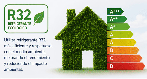 Desde el primer momento, este modelo destaca por su capacidad de adaptación. Gracias a su sistema Inverter, el equipo modula continuamente la potencia del compresor para ajustarse a la demanda real de la vivienda, lo que se traduce en un funcionamiento más estable, silencioso y eficiente. Esta optimización constante permite alcanzar clasificaciones energéticas A+++ en calefacción y A++ en refrigeración, reduciendo significativamente el consumo eléctrico sin renunciar al confort. Además, el uso de refrigerante R32, con bajo impacto ambiental, contribuye a disminuir las emisiones y mejorar el rendimiento térmico global del sistema.